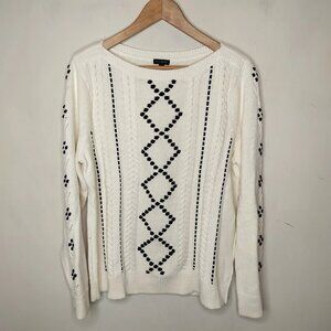 Talbots Cable Knit Velvet Ribbon Sweater XL Women's Cotton Blend Ivory Black